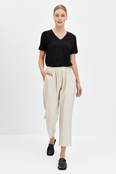 Desen Triko Women's Elastic Waist Side Pocket Carrot Cut Linen Trousers Beige