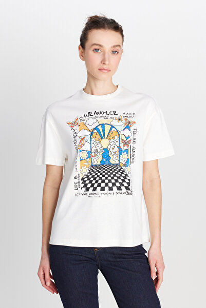 WRANGLER Relaxed Fit Geniş Kesim Bisiklet Yaka %100 Pamuk Kırık Beyaz Tişört