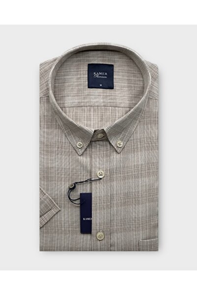 KAMER ERKEK REGULAR FIT KISA KOL PAMUKLU DÜĞMELİ YAKA TEK CEPLİ EKOSE BEJ GÖM...