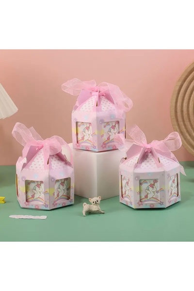 Kutumania 5 Adet Pembe Kurdeleli Unicorn Desenli Atlıkarınca Şeklinde Hediyel...