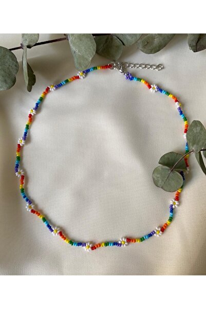 sabiha aksesuar Gökkuşağı renk kum boncuklu çiçek kolye