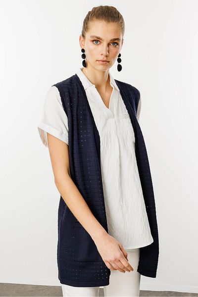 Desen Triko Women's Square Braided Long Knitwear Vest Navy Blue