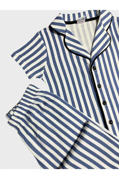 Genel Markalar Erkek Çocuk %100 Pamuklu Mavi Çizgili Gömlek Yaka Düğmeli Kısa Kollu Yazlık Pijama Takımı
