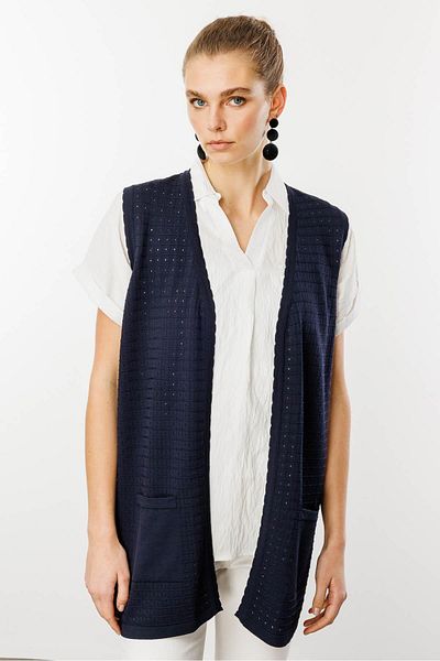 Desen Triko Women's Square Braided Long Knitwear Vest Navy Blue