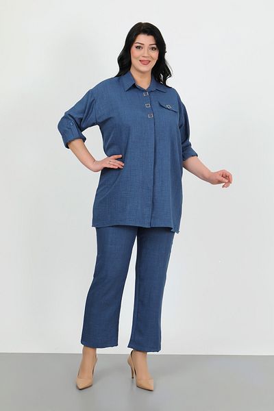 By Alba Collection Women's Navy Blue Soft Linen Shirt Pants Large Size Two Piece Set