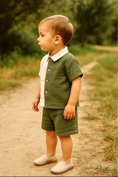 BT Baby Boys' Short Sleeve Shirt Shorts Summer Muslin Fabric Muslin Bottom Top Children's Set