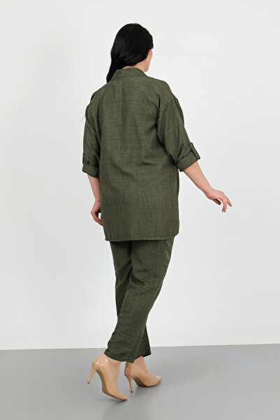 By Alba Collection Kadın Haki Soft Keten Pantolon Gömlek Büyük Beden İkili Takım