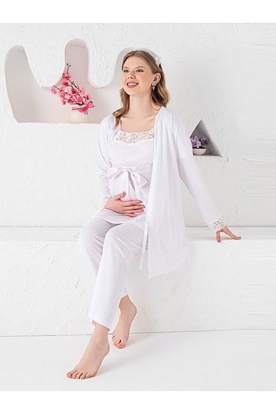 JENİKA Rochie de maternitate cu mânecă lungă, guler cu nasturi deschis și detaliu din dantelă, set de pijamale de maternitate din 3 piese
