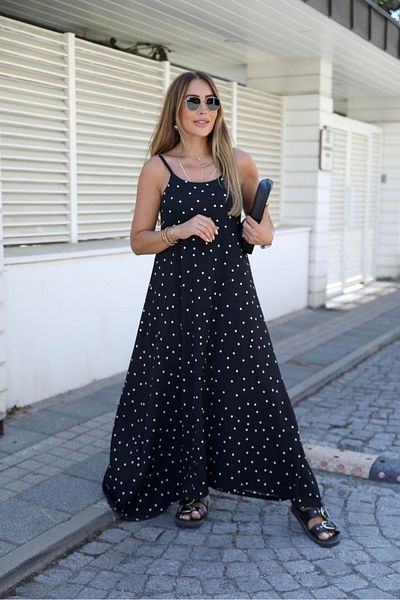 QİMYA BUTİK Buketli̇ Women's Polka Dot Slim Adjustable Strap Maxi Length Dress