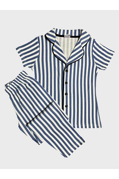 ALİŞ KİDS Set de pijamale de vară cu mânecă scurtă, 100% bumbac, cu dungi albastre, guler de cămașă