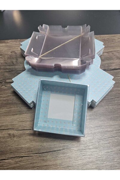 MK 7.5x7.5x3 cm Asetat Kapaklı Kraft Kutu Düğün Nişan Kına Hediyelik Kutu 50 Adet - Mavi Puantiyeli