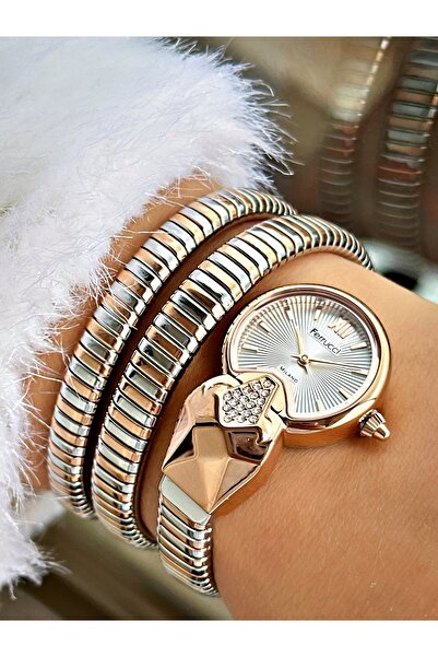 Ferrucci Özel Tasarım Yılan Model Çelik Kordon Gümüş-Bakır Renk Kadın Kol Saati