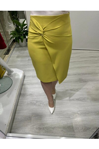 MODA Limonküfü Yeşil düğüm detaylı şık diz üstü premium kalite etek
