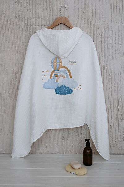Tuğba Kuğu 4 Layers Muslin Hooded Towel - For Baby Series - Blue Clouds And B...