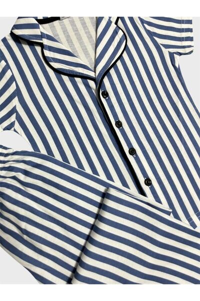 Genel Markalar Erkek Çocuk %100 Pamuklu Mavi Çizgili Gömlek Yaka Düğmeli Kısa Kollu Yazlık Pijama Takımı