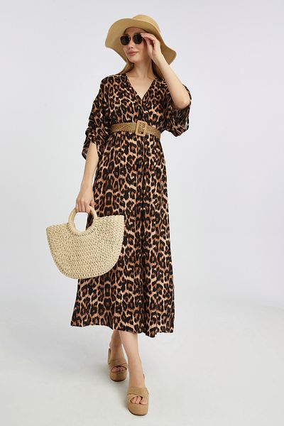 Fox Moda Καλοκαιρινό γυναικείο φόρεμα βισκόζης με λεοπάρ