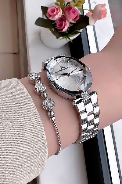Daniel Klein Silver Color Steel Band Clatch Watch and Gift Bracelet Oval Case Cutout Glass Waterproof Women Wristwatch