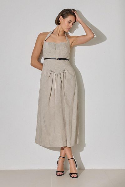 Setre Cream-Black Neck and Waist Detailed Belted Dress