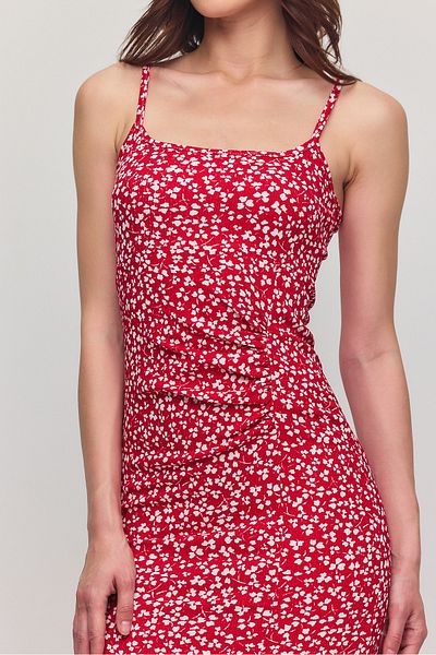 Ceylen Strappy Midi Length Summer Dress with Left Side Shirring and Slit