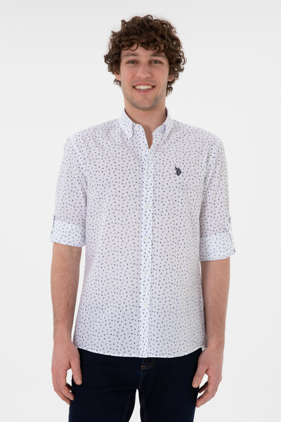 U.S. Polo Assn. قميص أبيض مطبوع باللون الأزرق الداكن للرجال 50306371-VR033