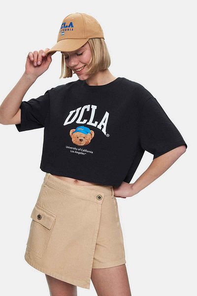 UCLA Carly Black Crew Neck Crop Printed Loose Fit Women's Tshirt