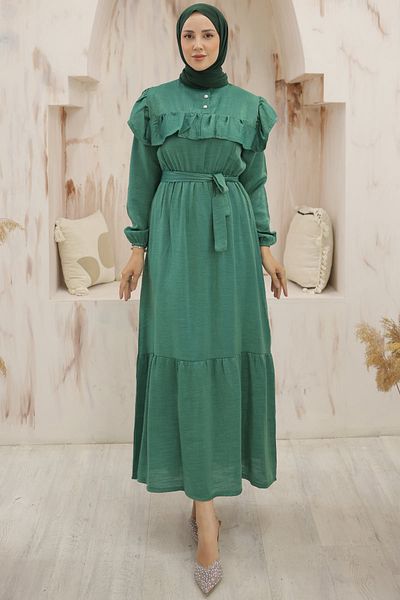giyze Buttoned Dress with Ruffle Detail on the Front Emerald Green 4043