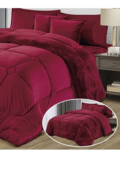 Moon 6 Pieces Winter Comforter Set One Velvet Side And One Side Fur Queen Size 230x250 cm