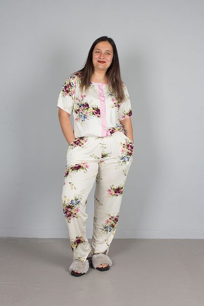 Truva XXL Large Size Floral Patterned Lycra Buttoned Pajama Set
