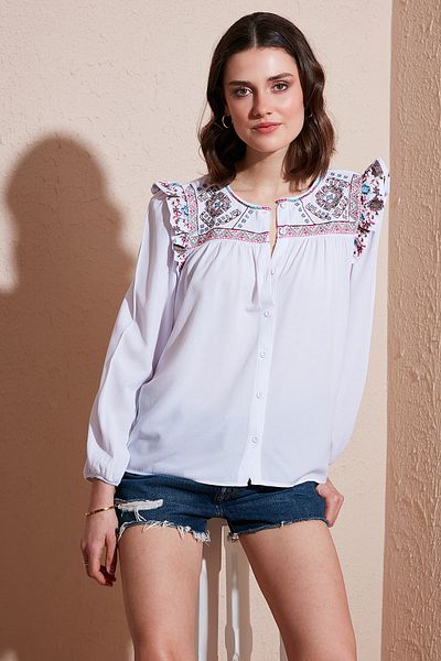Lela Cămașă din pânză Sile cu mâneci cu modele etnice Cămașă 611BZ0042