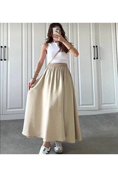 Gülmude Long Double Pocket Poplin Elastic Waist Skirt Unlined (90 cm)