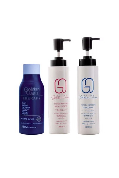 GOLDEN OASIS بروتين ثيرابي ليس البرازيلي (6 × 1) 150 مل وشامبو 400 مل وبلسم 400 مل للعناية بالشعر بعد البروتين