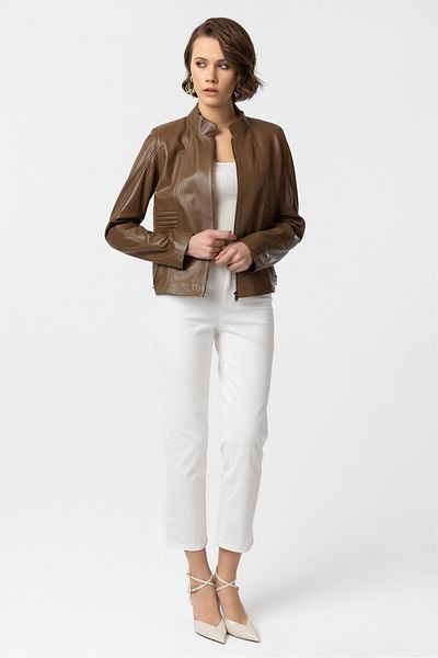 Deriderim Brown Lotus Zippered Lined Short Slim-Fit Women's Genuine Leather Coat with Stitching on the Shoulder and Sleeves