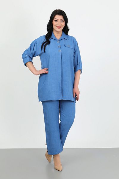 By Alba Collection İndigo Soft Kerten Pants and Shirts Large Size Set of Two