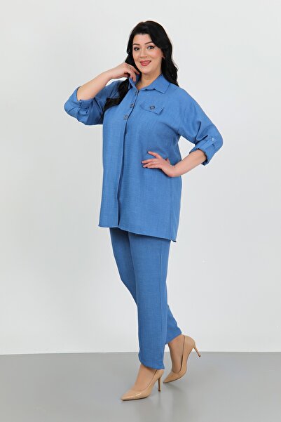 By Alba Collection İndigo Soft Kerten Pants and Shirts Large Size Set of Two