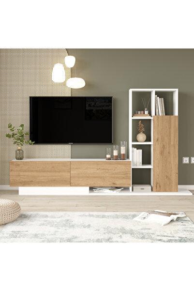 Robin Home Lotus Tv Ünitesi Kapaklı Kitaplık Raf Sepet-Beyaz