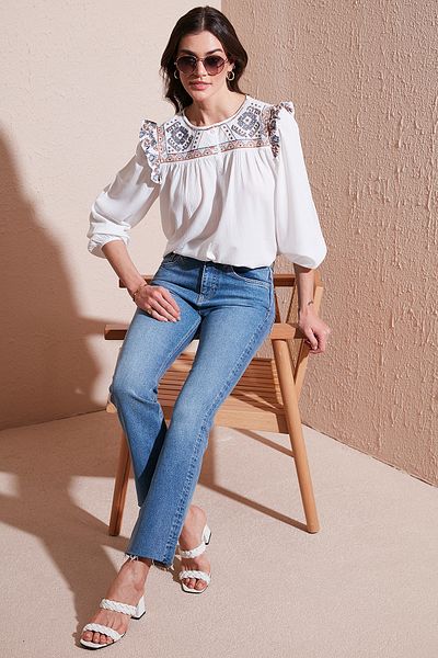 Lela Ethnic Patterned Sleeve Detailed Crew Neck Sile Cloth Shirt Shirt 611Bz0042