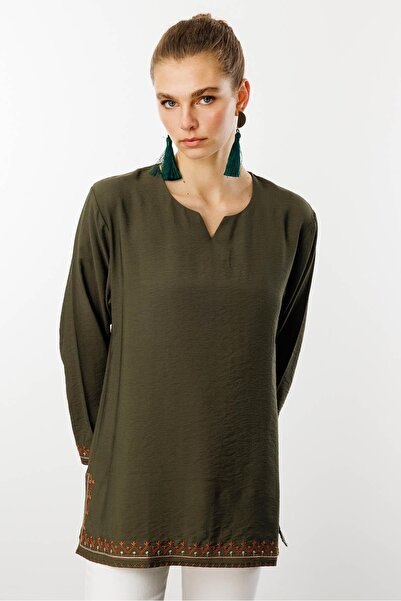 Desen Triko Жіноча спідниця-блуза - з рукавами та хакі розрізом