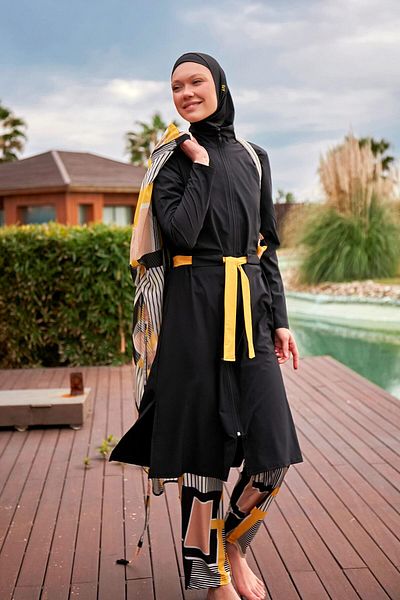 Marina Swimwear Parachute Fabric Black Full Covered Hijab Swimsuit M2422