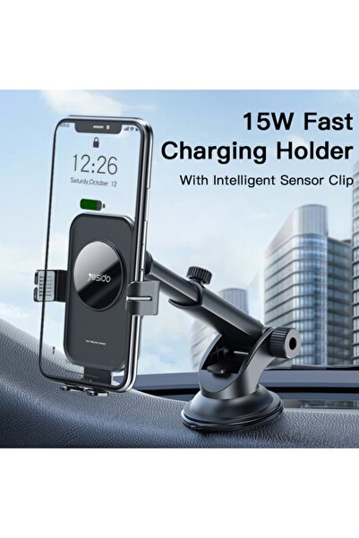 Yesido حامل هاتف ذكي للسيارة C118 15 وات شاحن لاسلكي سريع مع كوب شفط (أسود)