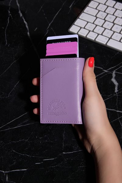 Blatoune Polo Rfid Protected Women's Lilac Automatic Mechanism Anti-Theft Card Holder Wallet with Coin Compartment