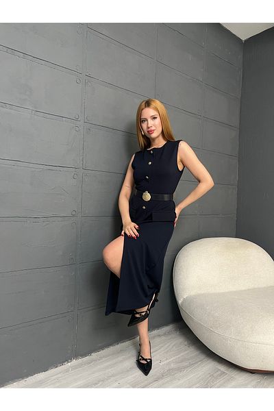 badibadii Rochie midi cu fante cu nasturi aurii