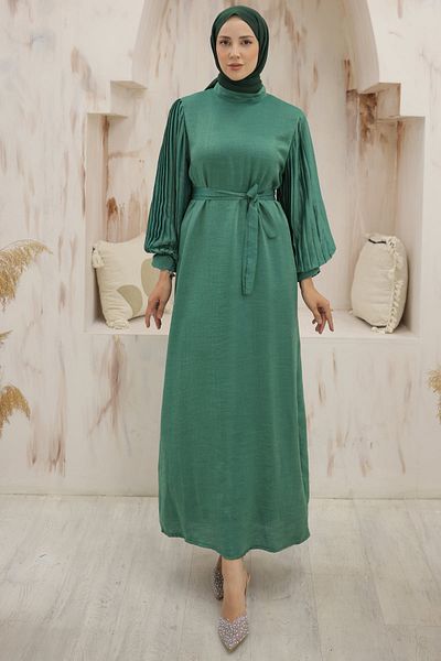 giyze Μανίκια Πλισέ Λεπτομερές Φόρεμα Hijab Emerald Green 3986