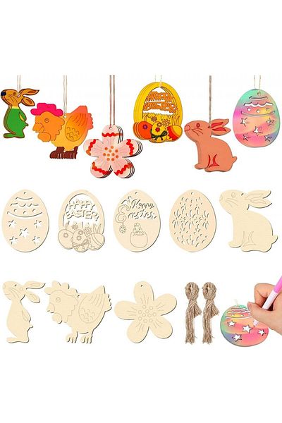 Mizijia Set 24 pandantive pentru pictura de Paste Mizijia, lemn, natural, 6 x 8 cm
