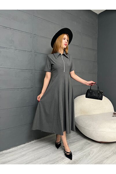 LE CARAMBOLE Women's Gray Shirt Collar Zipper Detailed Dress