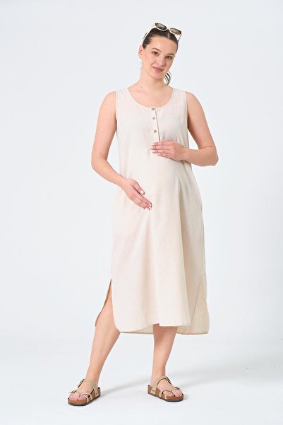 BUSA Φόρεμα εγκυμοσύνης με μηδενικό μανίκι στο πλάι Midi μήκους ΜΠΕΖ