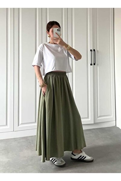 Gülmude Hijab Skirt Long Double Pocket Poplin Fabric Elastic Waist No Show Skirt Unlined (90 cm)