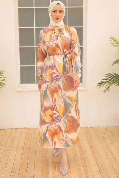 giyze Satin Hijab Dress Mustard 3992