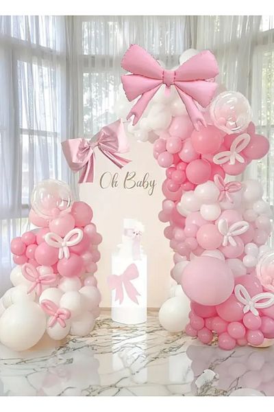 Çemrek Süs Parti Pink and White Balloon Chain Set with Sausage Balloon for 100 Bows