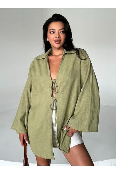 Laluvia Khakifarbene Kimono-Bluse aus 100 % Leinen mit Spitzendetail