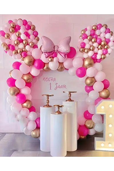 Çemrek Süs Parti Pink Fuchsia Gold Chrome Balloon Chain Set with 101 Bow Foil Balloons